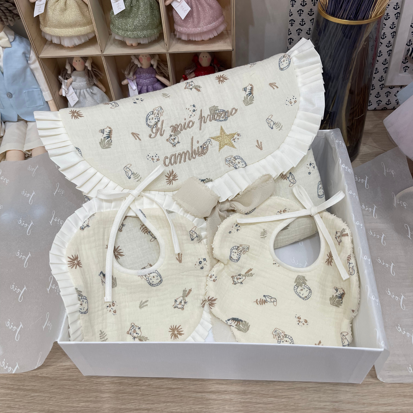 BOX REGALO sacca primo cambio+ bavetta fiore+bavetta tonda