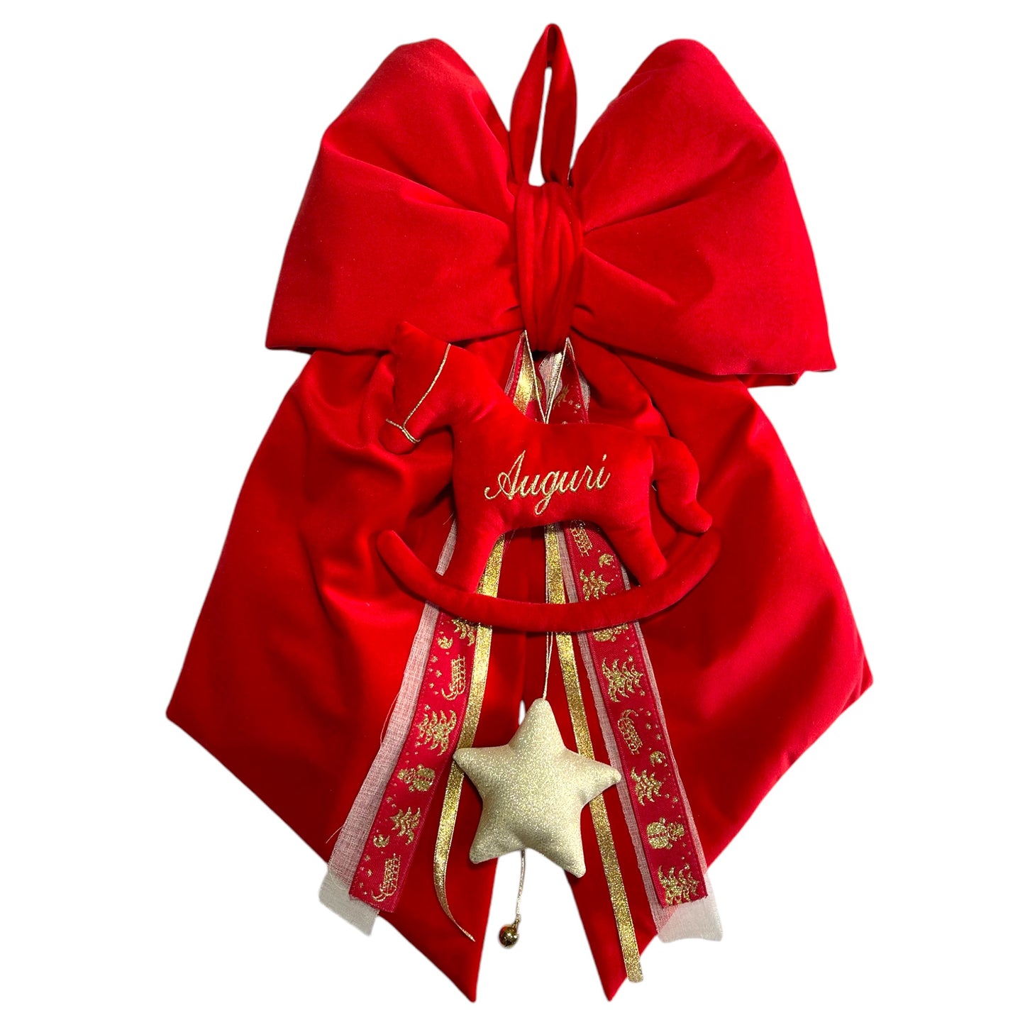 Fiocco in cotone velluto con cavallo a dondolo "Auguri"
