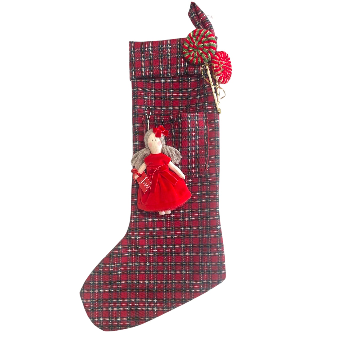 Calza epifania in lana tartan e lurex con bambola MiniMe Cloe