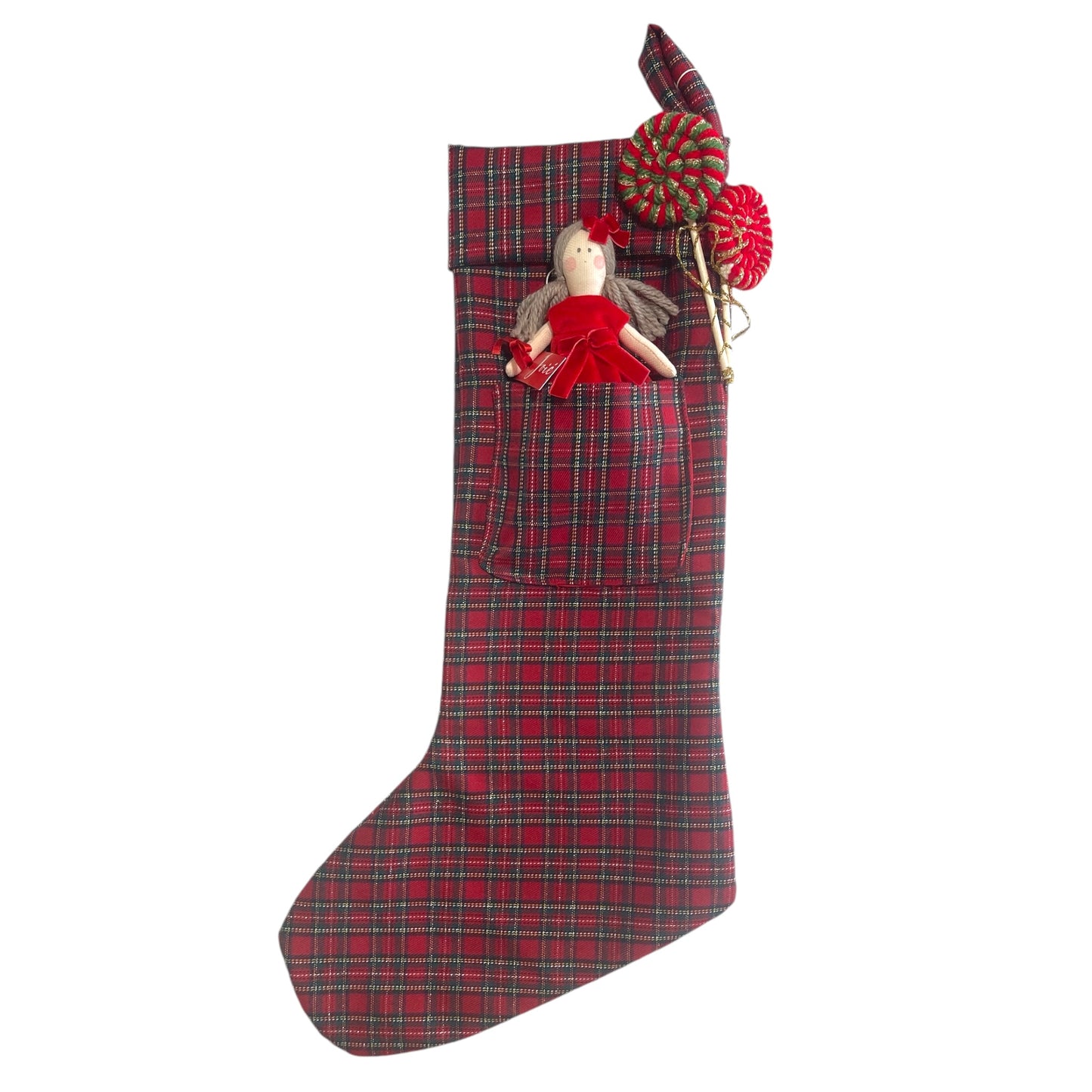 Calza epifania in lana tartan e lurex con bambola MiniMe Cloe