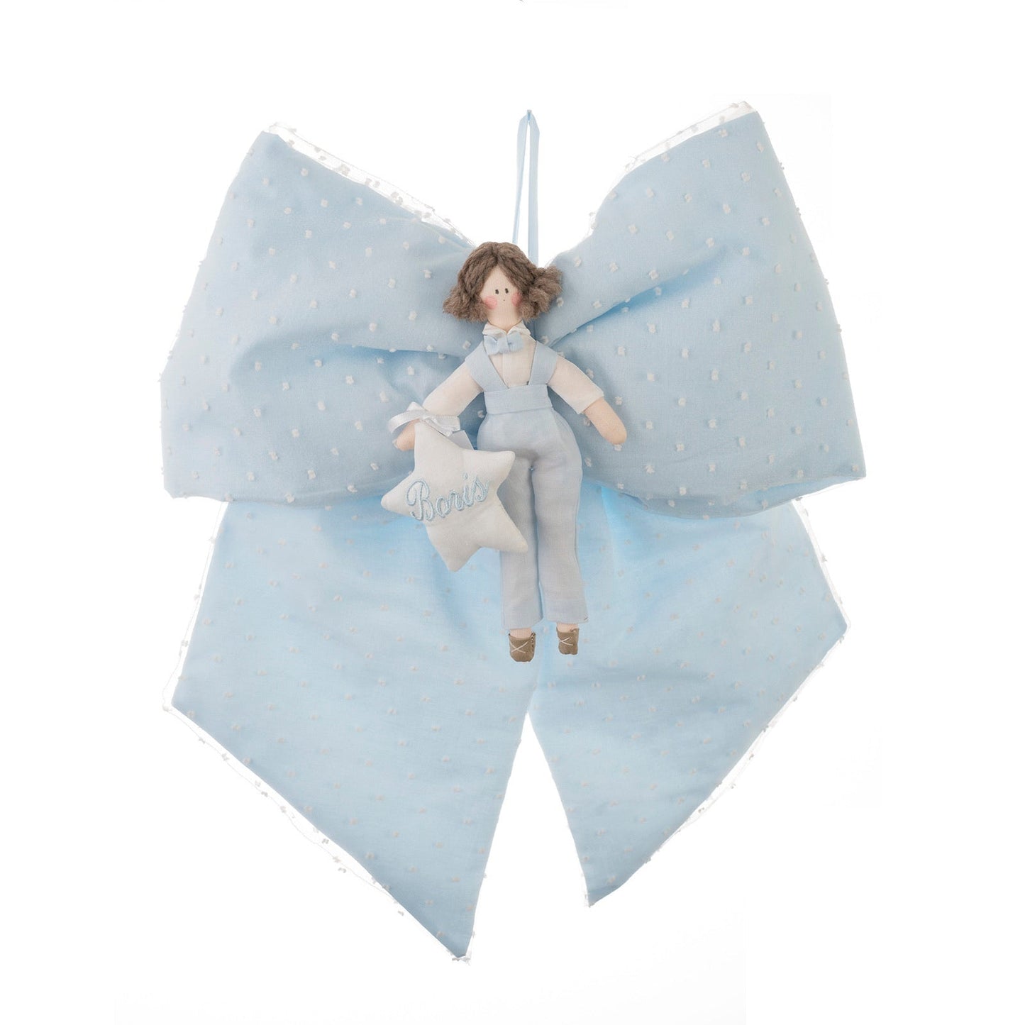 Fiocco Nascita in cotone rivestito con organza con bambola e