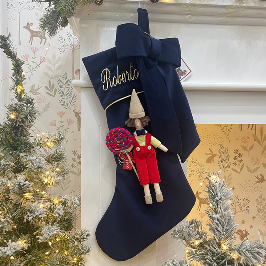 Calza epifania in velluto con bambola Pinocchio