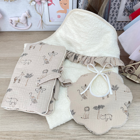 BOX REGALO bavetta fiore+ asciugamano cappuccio+ porta salviette