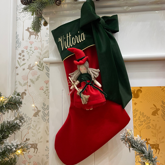 Calza epifania in velluto con bambola Befana